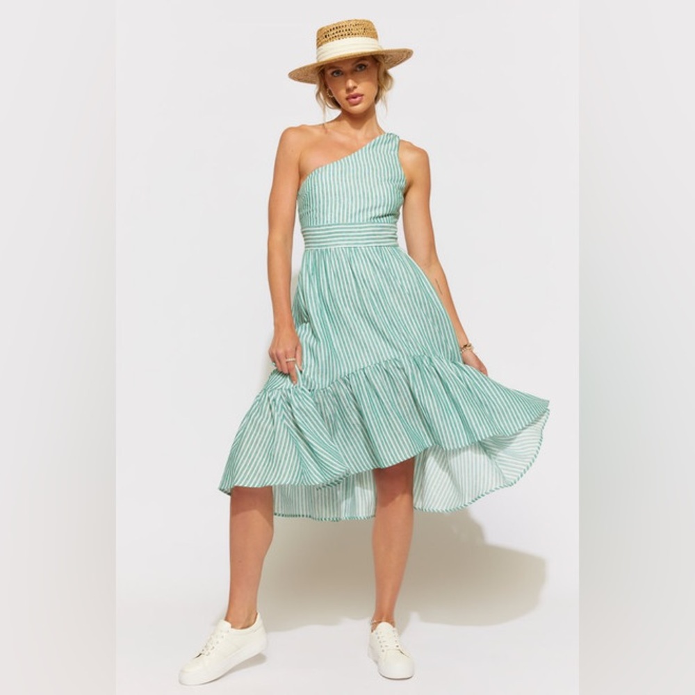 Francesca’s Striped One Shoulder Midi Dress